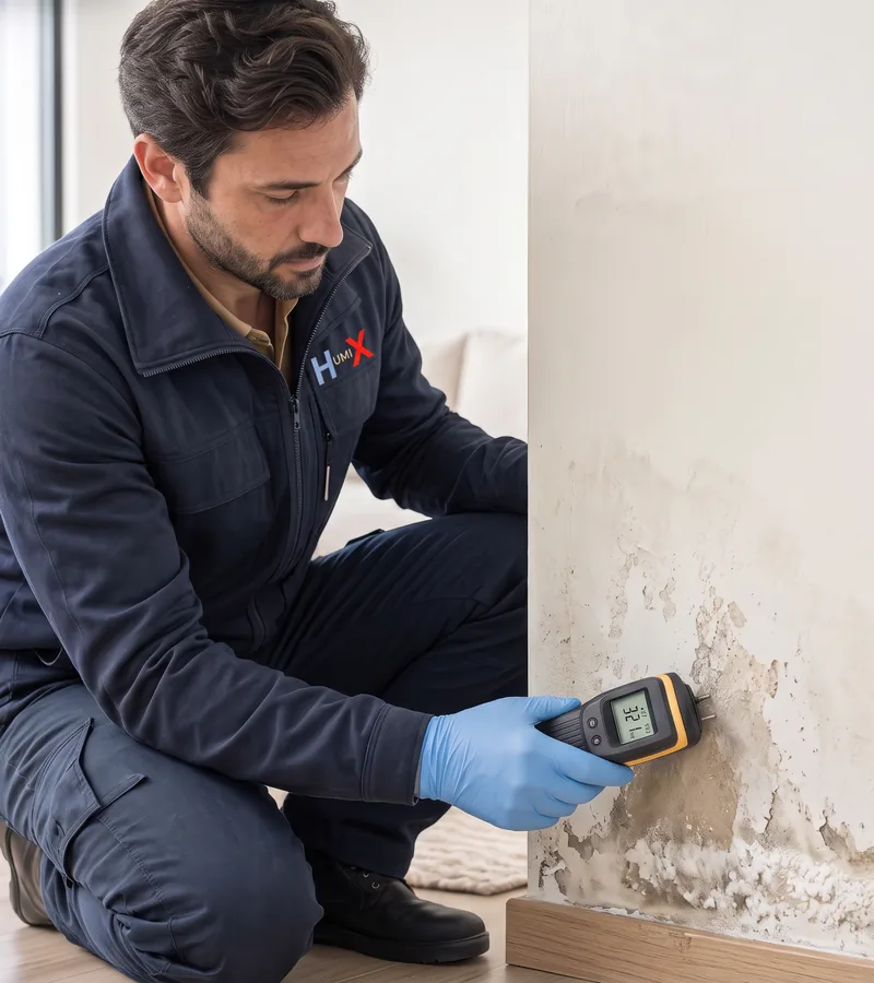 A HUMIX specialist surveying damp in an old solid wall